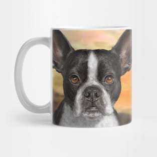 Painting of a Black and White Boston Terrier, with Orange Background Mug